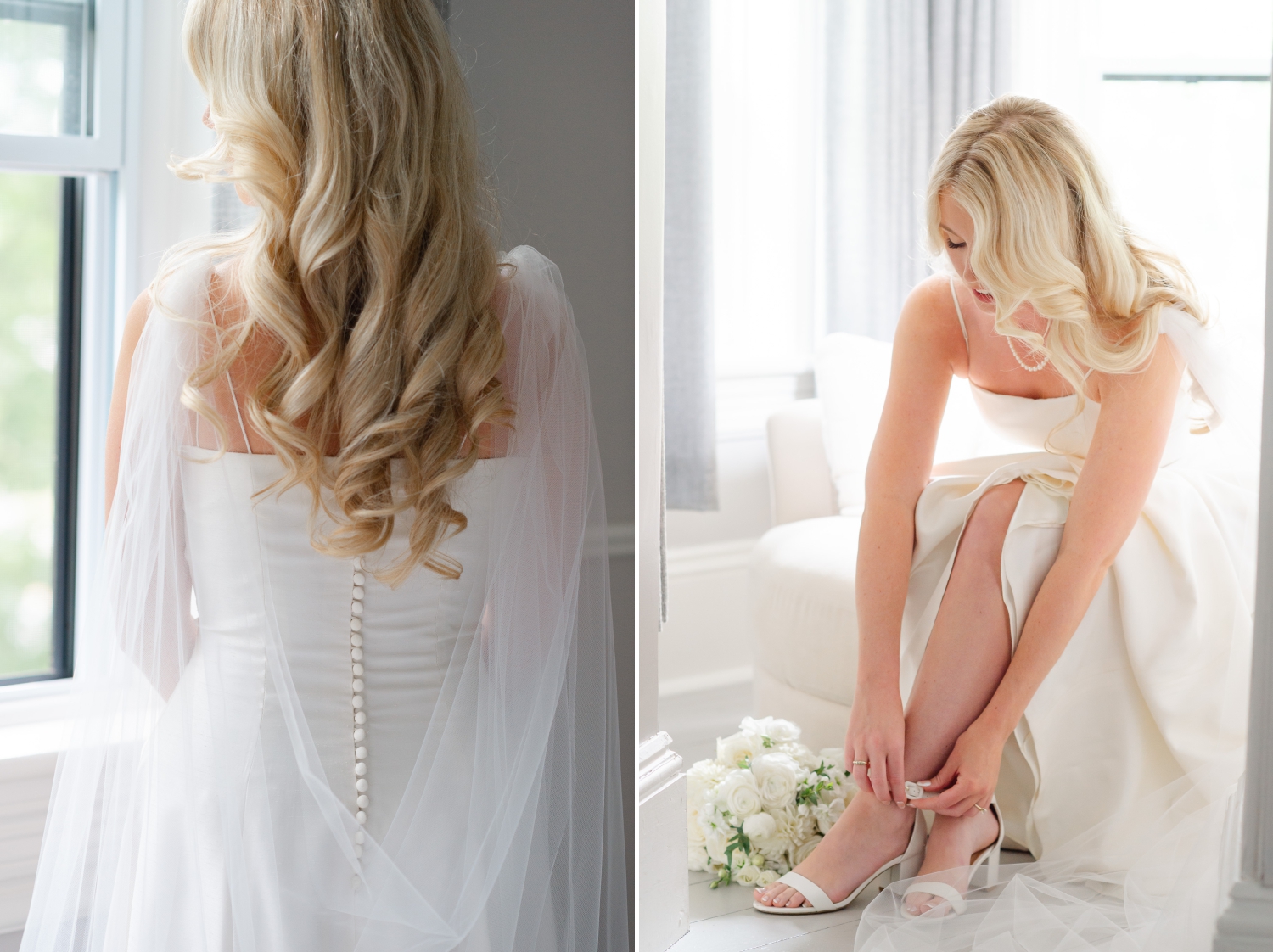 rear details of the buttons on a bride's dress and her wedding shoes as she gets ready for her Ottawa tented wedding ceremony