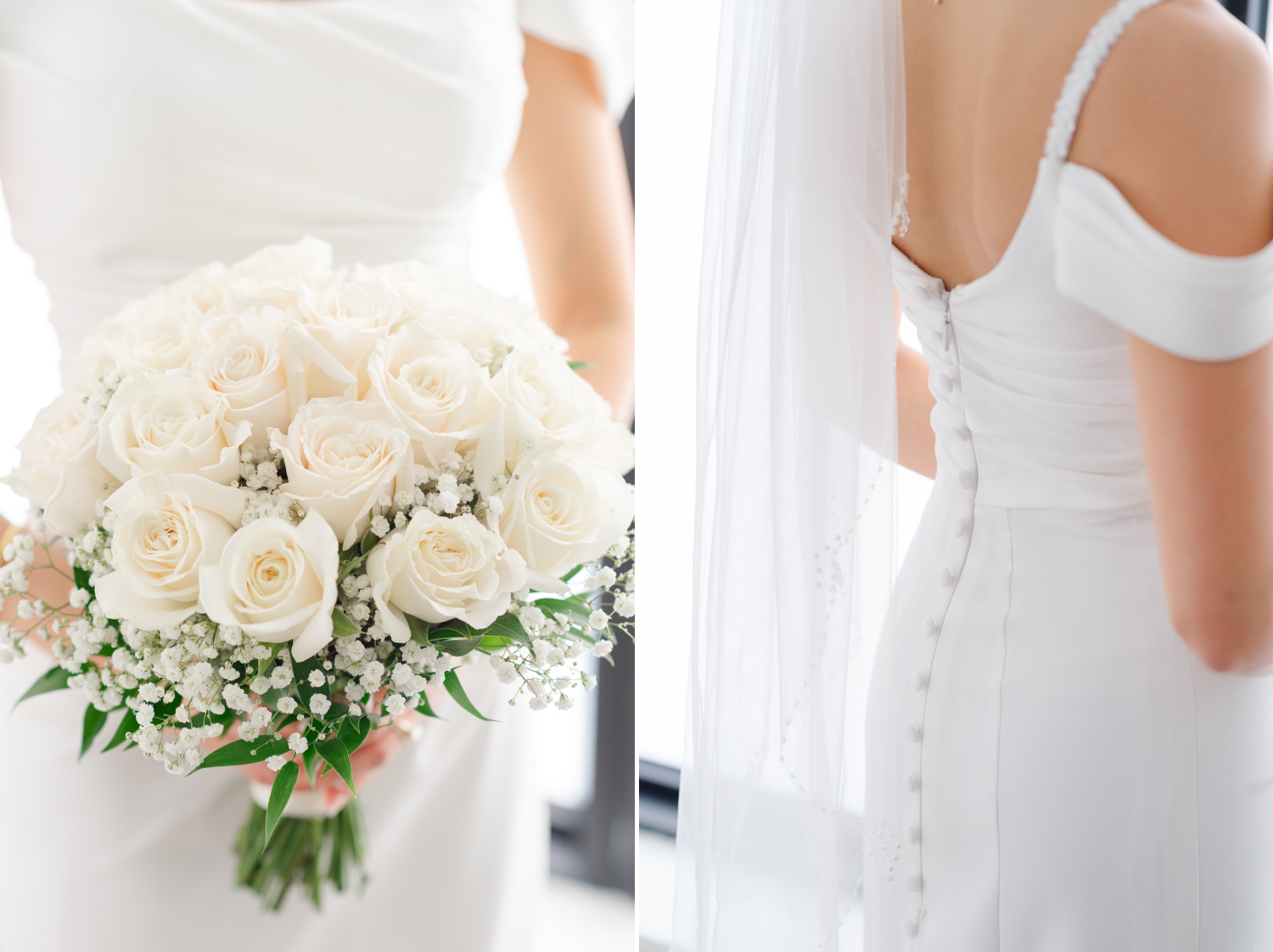 Restaurant 18 wedding photos showing a closeup of a white rose bridal bouquet and the back details of a bride's dress