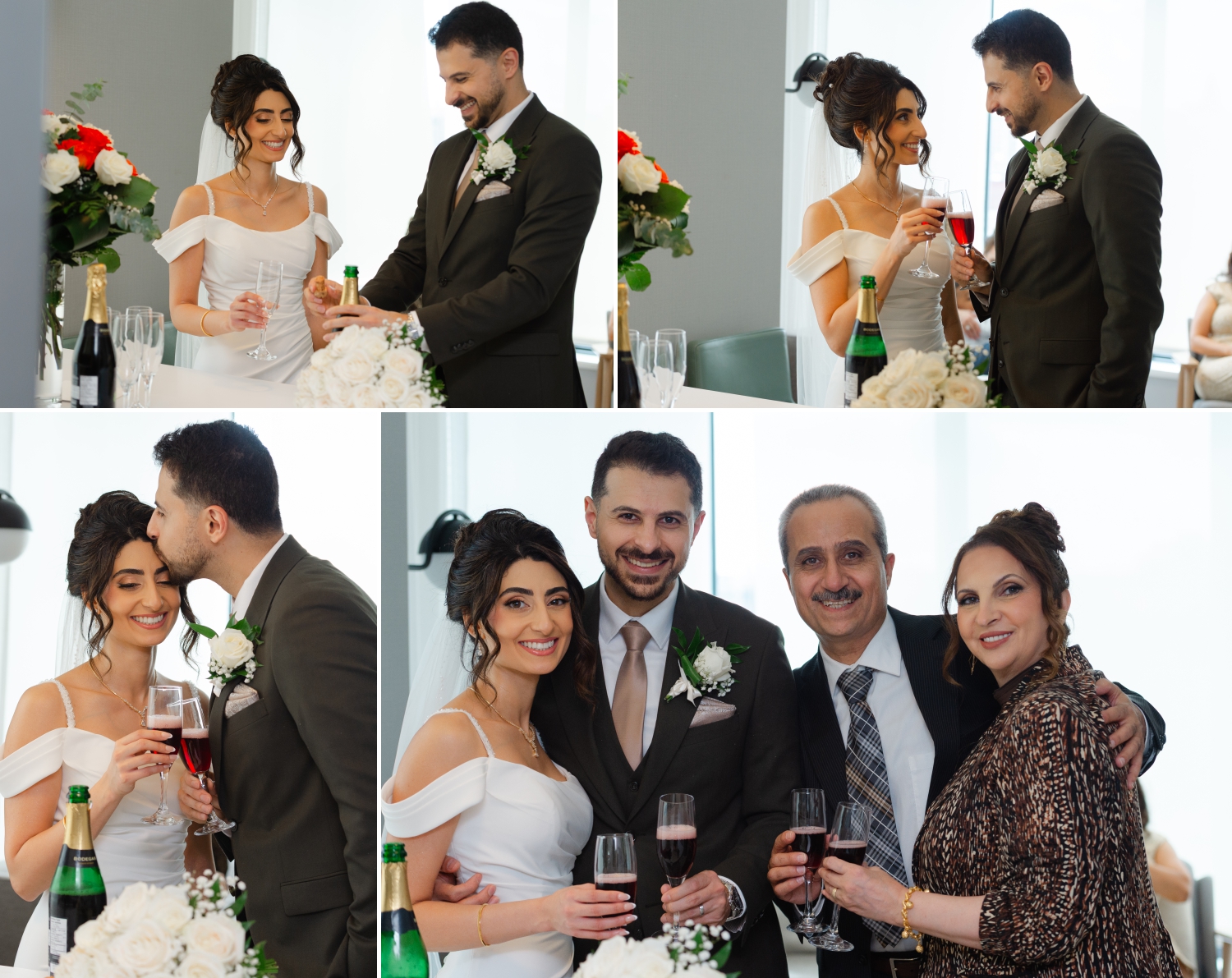a collage of a bride and groom sharing a toast with their family as they celebrate their Restaurant 18 Wedding
