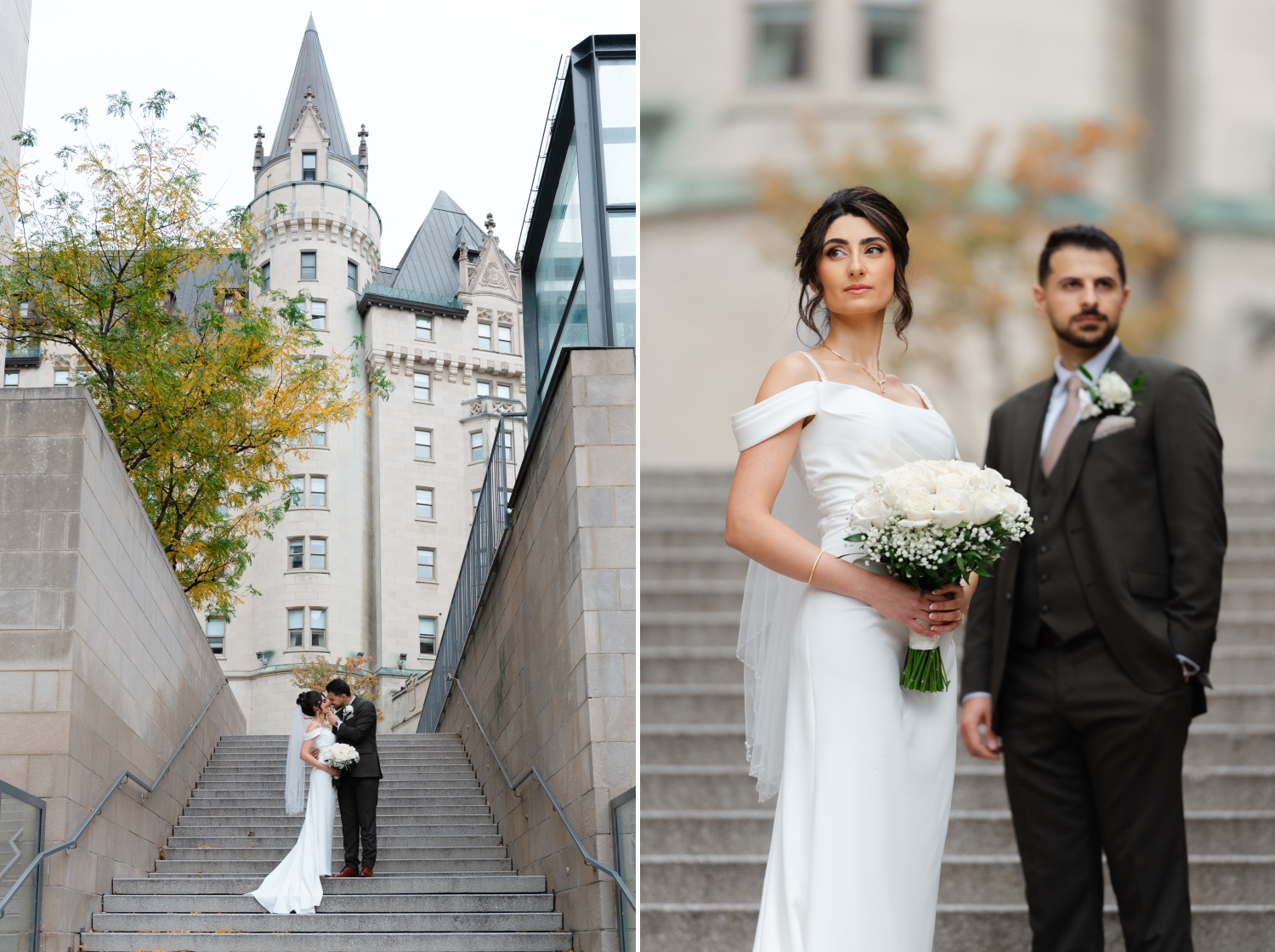 a bride and groom standing on stairs with the Chateau Laurier in the background. Captured by Restaurant 18 Wedding Photographer JEMMAN Photography