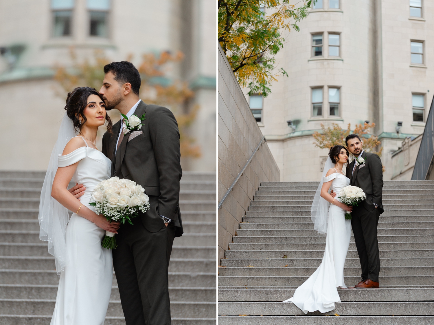 a bride and groom standing on stairs with the Chateau Laurier in the background. Captured by Restaurant 18 Wedding Photographer JEMMAN Photography