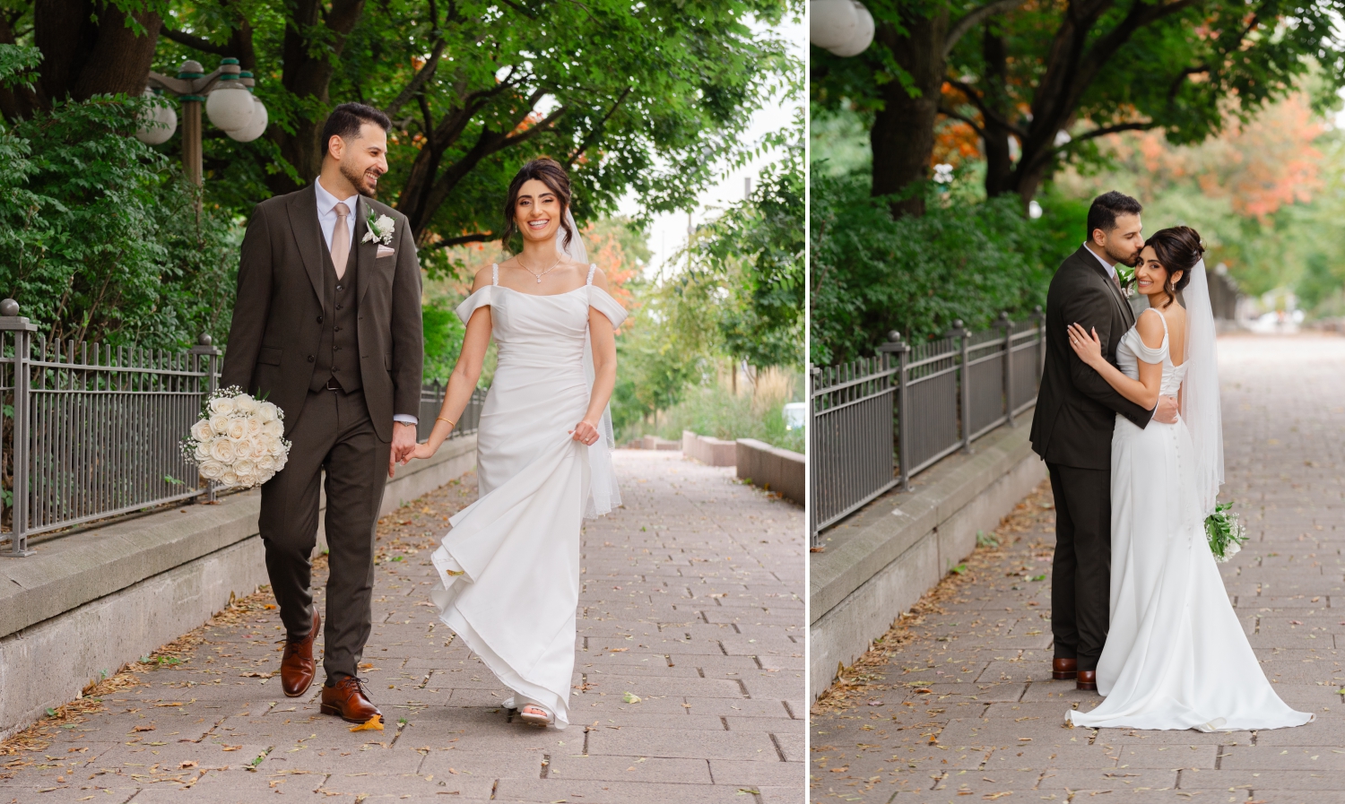 a couple walking on Mackenzie Avenue towards their Restaurant 18 Wedding with fall colours in the background