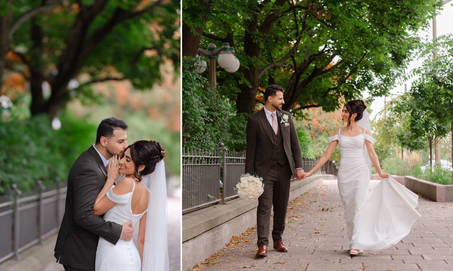 a couple walking on Mackenzie Avenue towards their Restaurant 18 Wedding with fall colours in the background