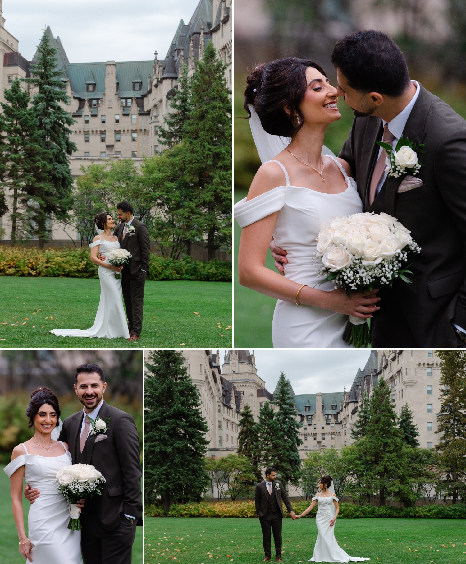 a collage of photos showing a bride and groom smiling and embracing behind the Chateau Laurier Hotel before they head to their reception. Capture by Ottawa Wedding Photographer JEMMAN Photography