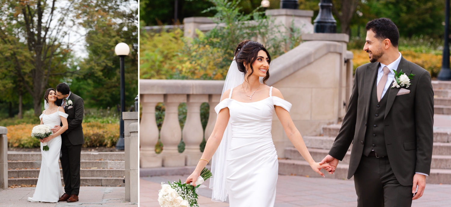 a bride and groom walking on the Chateau Laurier terrace that is near their Restaurant 18 Wedding reception