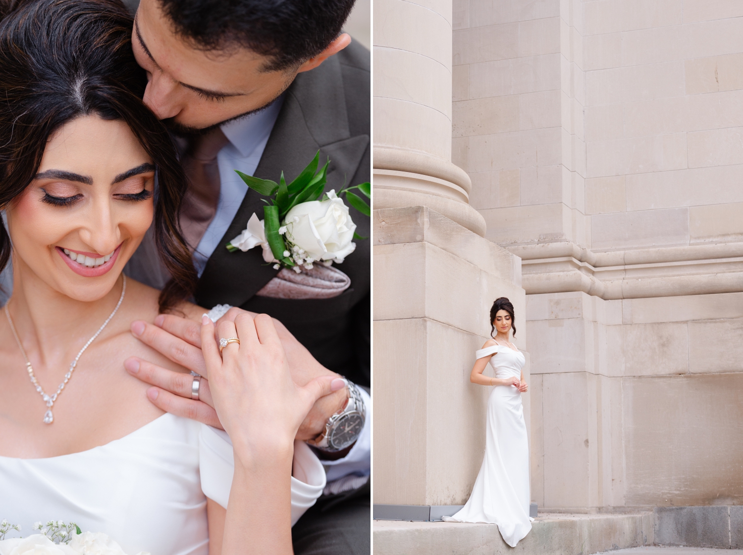 a bride and groom at the pillars of the Senate Building in Ottawa as part of their Restaurant 18 wedding photos
