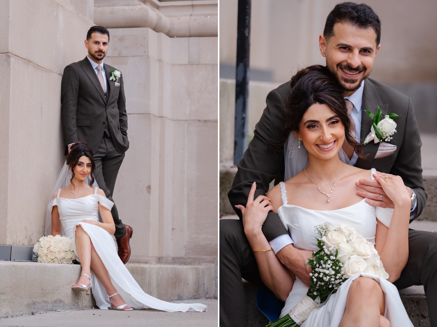 a bride and groom at the pillars of the Senate Building in Ottawa as part of their Restaurant 18 wedding photos