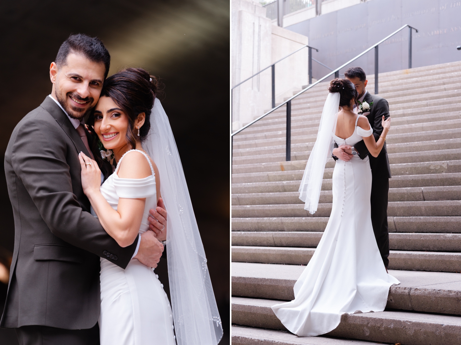 a bride and groom embracing and smiling on the steps of the NCC underpass before they leave for their Restaurant 18 Wedding