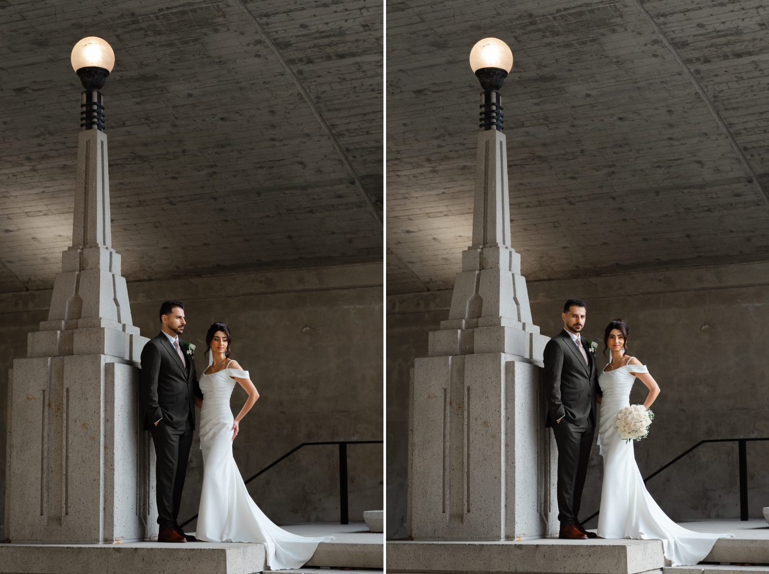 a dramatic capture of a bride and groom posing with the concrete lightposts of the NCC underpass near Restaurant 18 Weddings