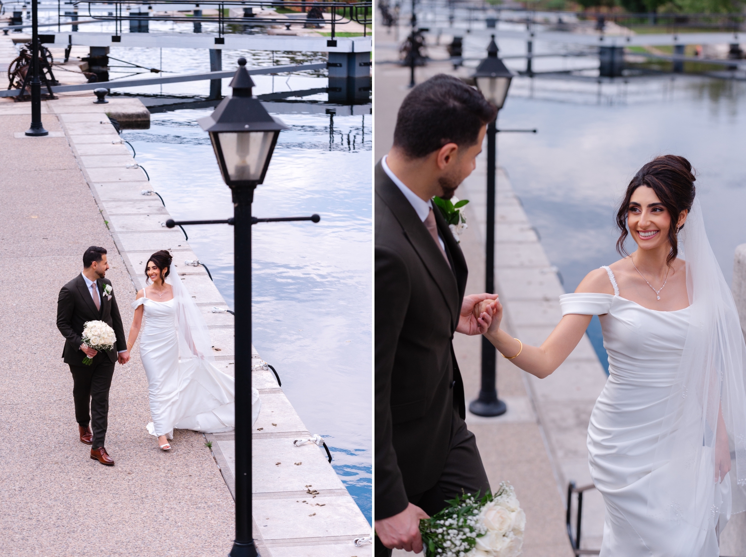a bride and groom walk hand in hand by the locks heading to their Restaurant 18 wedding reception