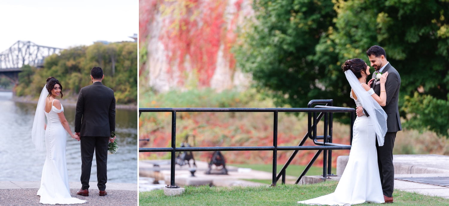 a bride and groom taking photos at the locks with fall colours in the background before they head to their Restaurant 18 reception