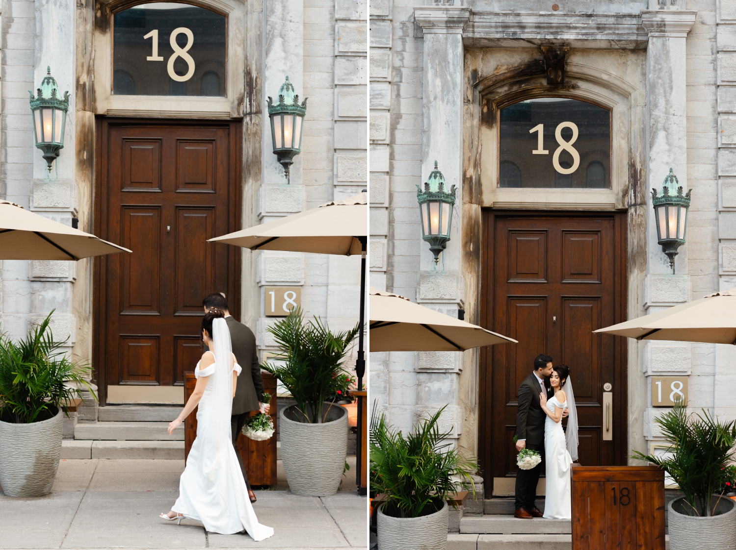 a bride and groom walking up to the door and embracing under the 18 sign before they enter their Restaurant 18 Wedding reception