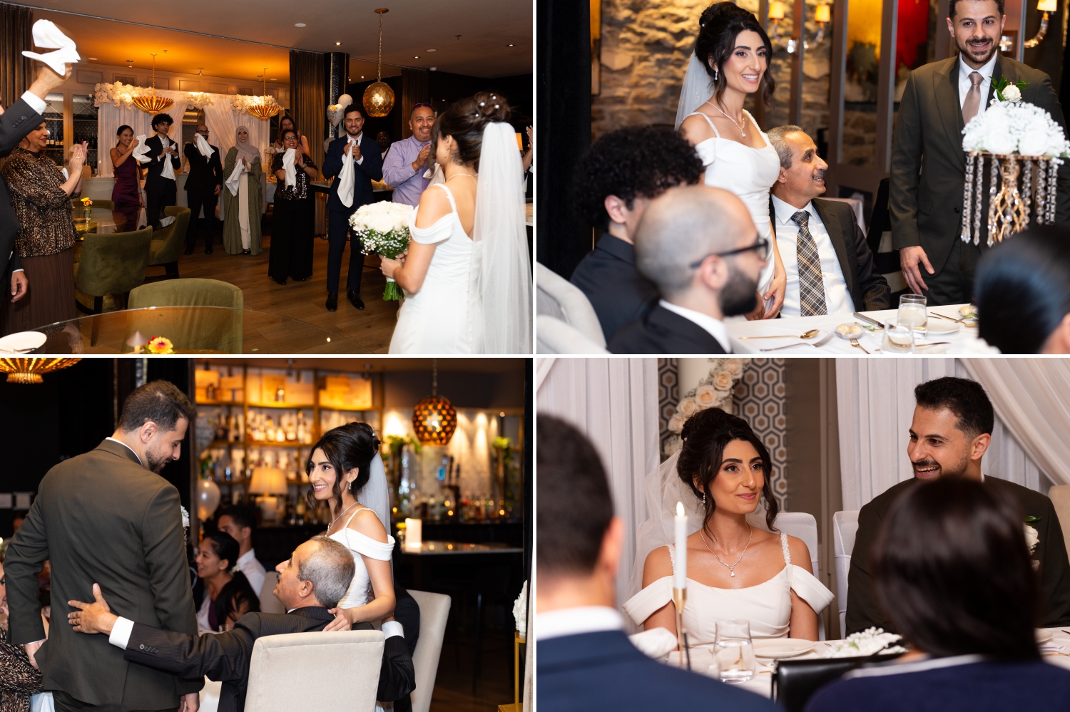 a collage of photos showing a bride and groom walking into their Restaurant 18 Wedding reception and greeting their guests