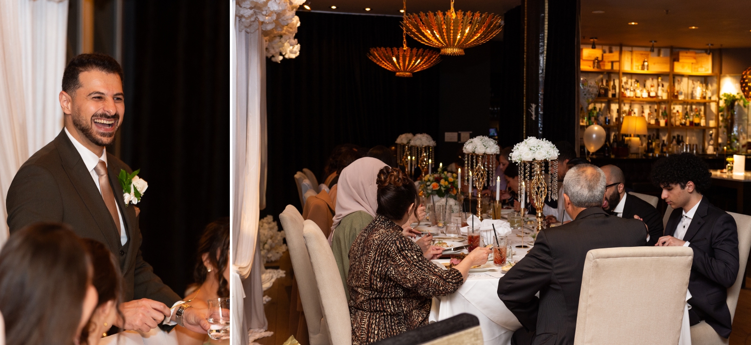A groom smiling and laughing as his guest enjoy their meal provided by Restaurant 18 Weddings