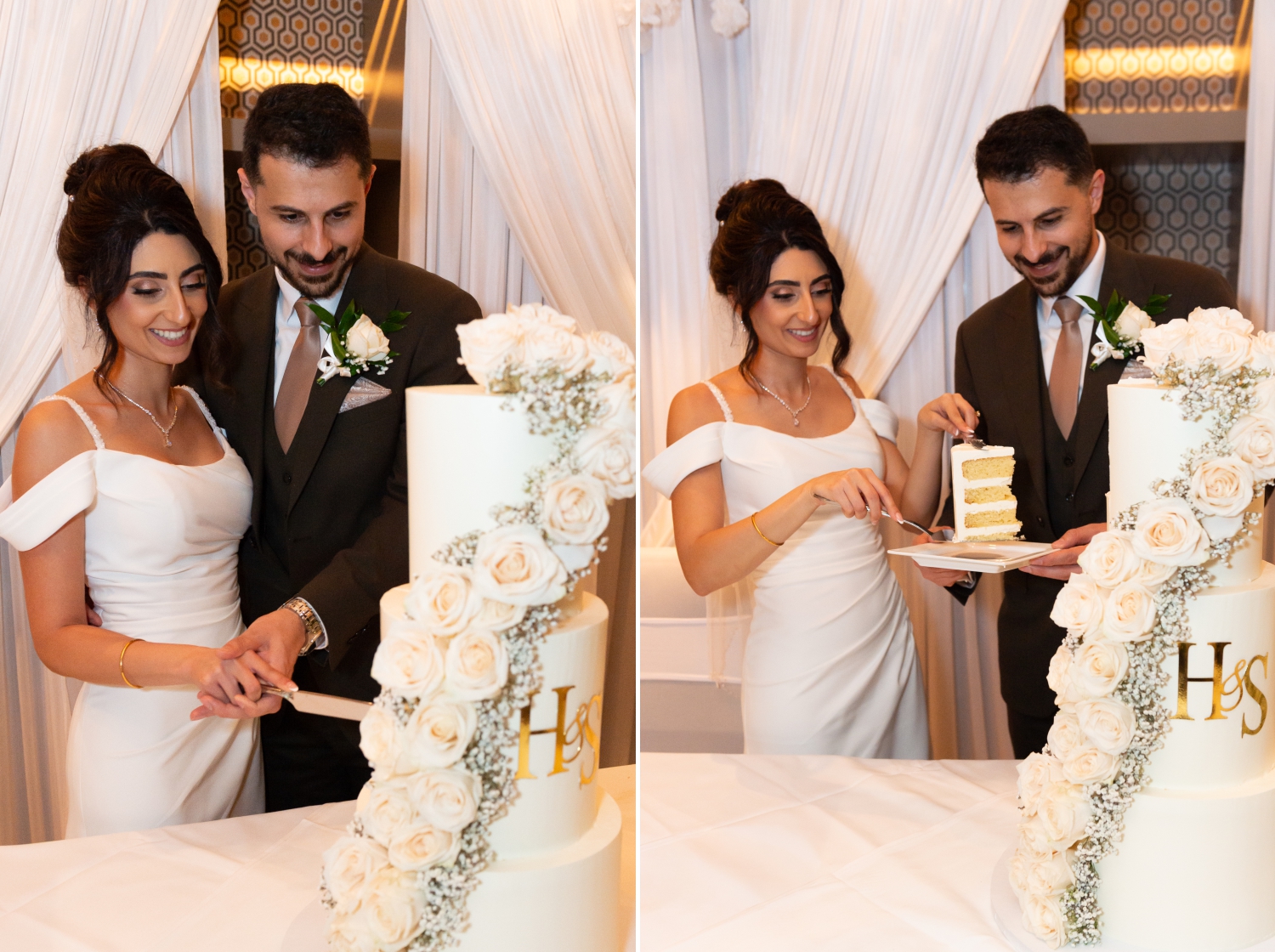 a bride and groom cutting their 3-tier white wedding cake that was provided as part of Restaurant 18 Weddings