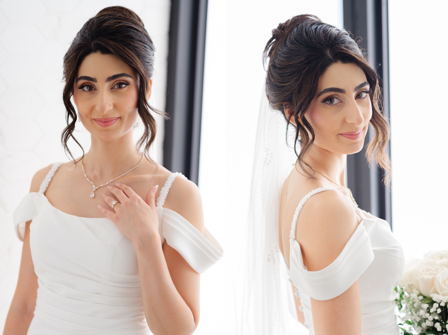 two classic portraits of a bride in white holding her white bouquet and touching her necklace as she readies for her Restaurant 18 Weddings reception