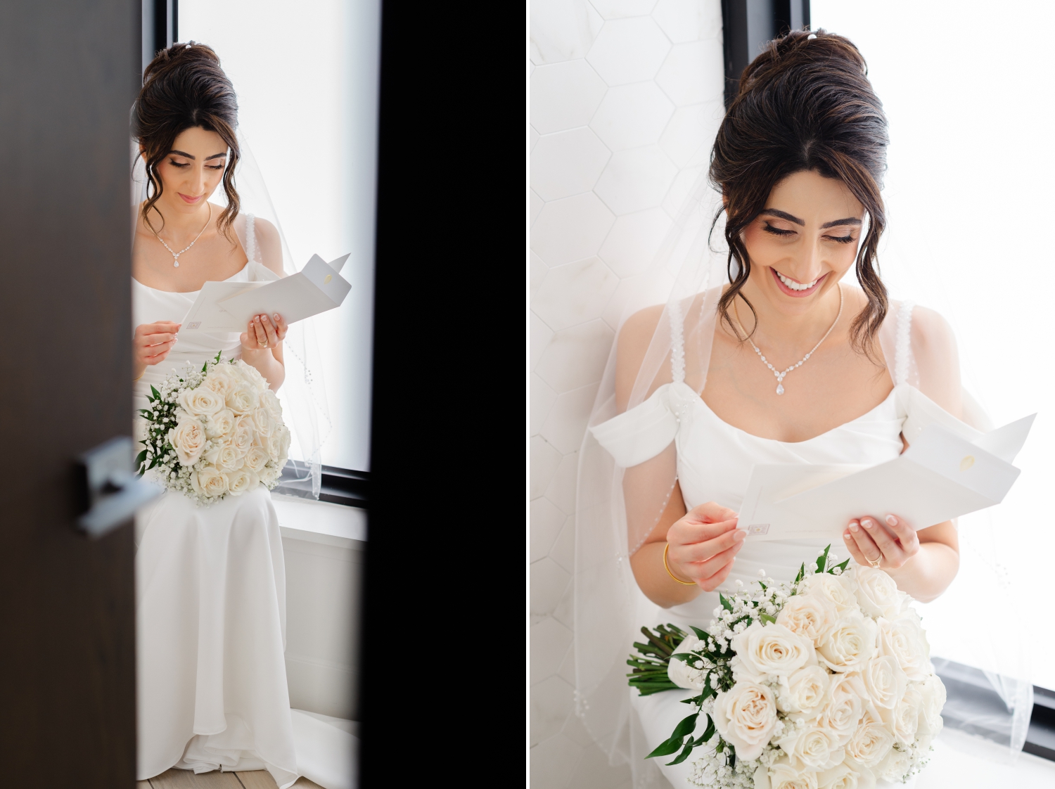 a bride smiling and laughing as she reads the card her husband gave her before their Restaurant 18 Weddings reception