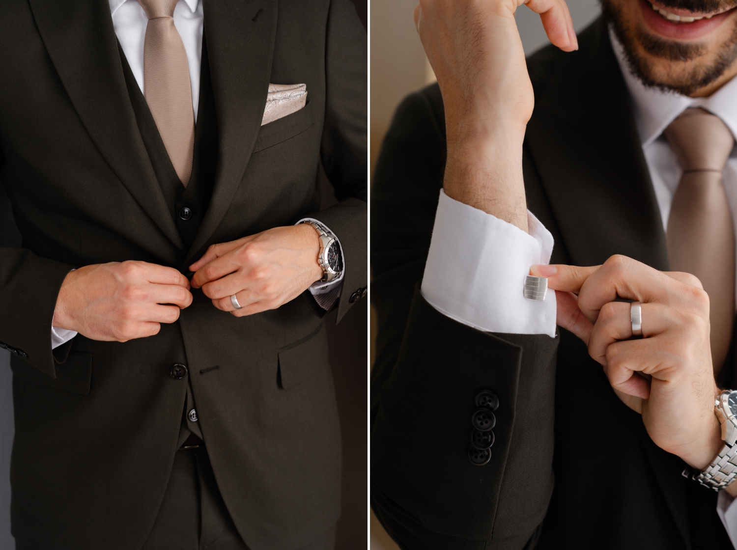 the closeup details of a groom's jacket, cuff links and wedding band as he dresses for his Restaurant 18 Wedding