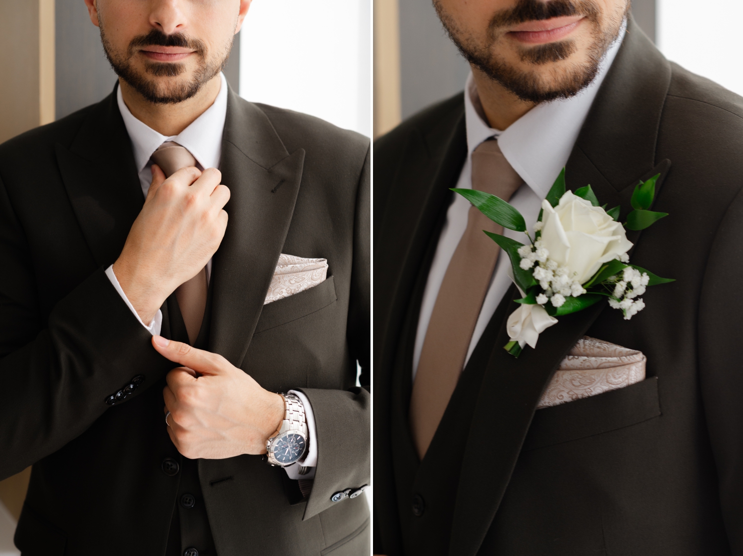 the closeup details of a groom's boutonniere, tie and watch as he dresses for his Restaurant 18 Wedding