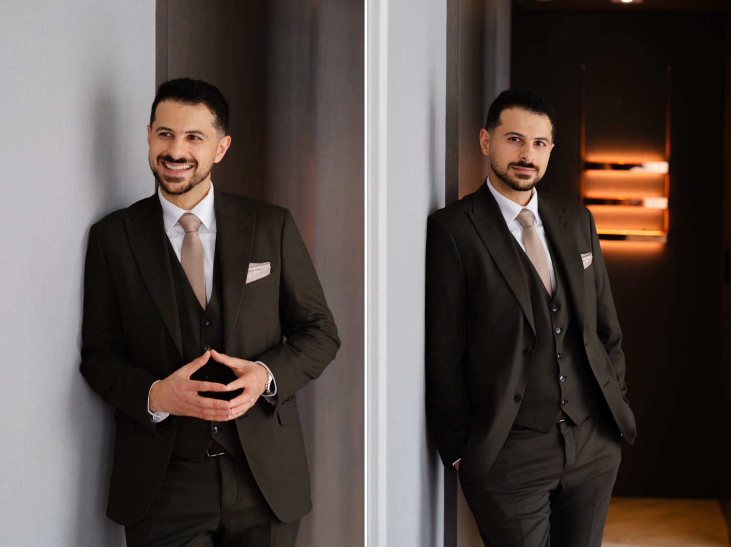 handsome groom's portraits of a groom leaning on the wall in an Andaz hotel room. Captured before he heads to his Restaurant 18 Wedding