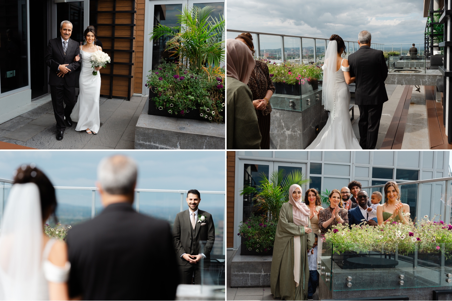 A first look between a bride and groom while the family watches on the Andaz terrace. Captured by Restaurant 18 Wedding Photographer JEMMAN Photography