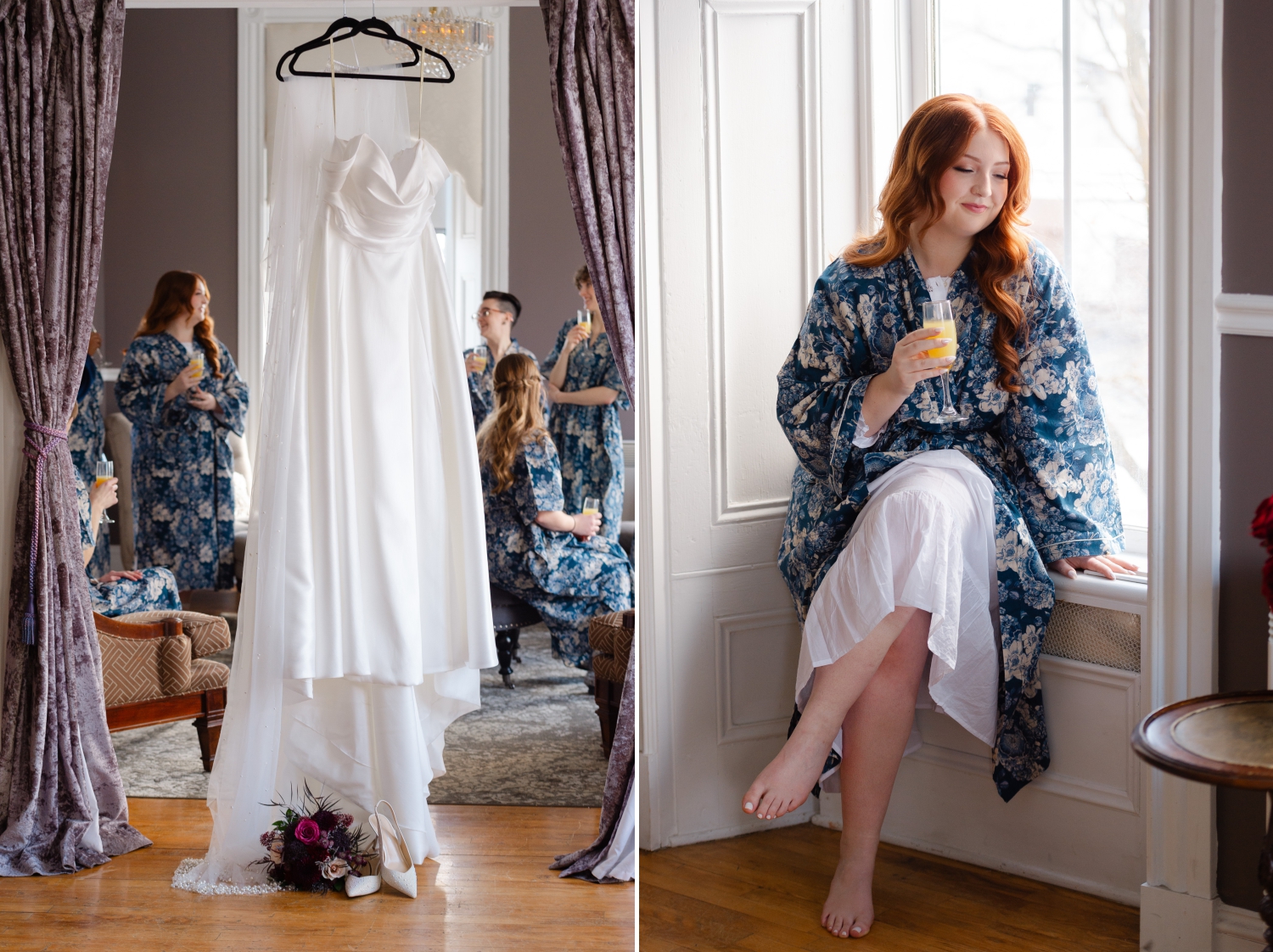 a bride with red hair and a blue floral robe drinking mimosas with her bridesmaids with her wedding dress hanging in the foreground. Captured by JEMMAN Photography in the Master Bridal Suite of the Grand Hotel Weddings