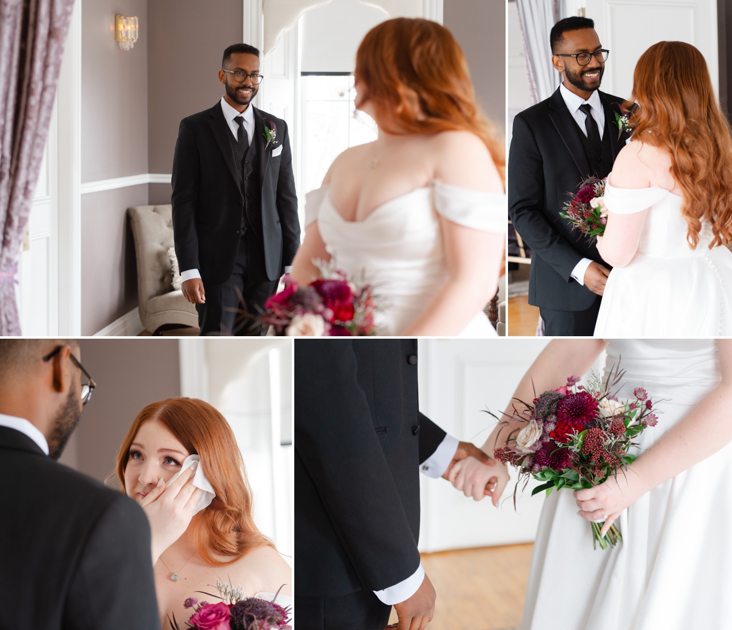 a collage of photos showing a groom in a charcoal suit seeing his bride with red hair and an off-the-shoulder gown for the first time and their emotional reactions. Captured indoors in the Master Bridal Suite of the Grand Hotel Weddings