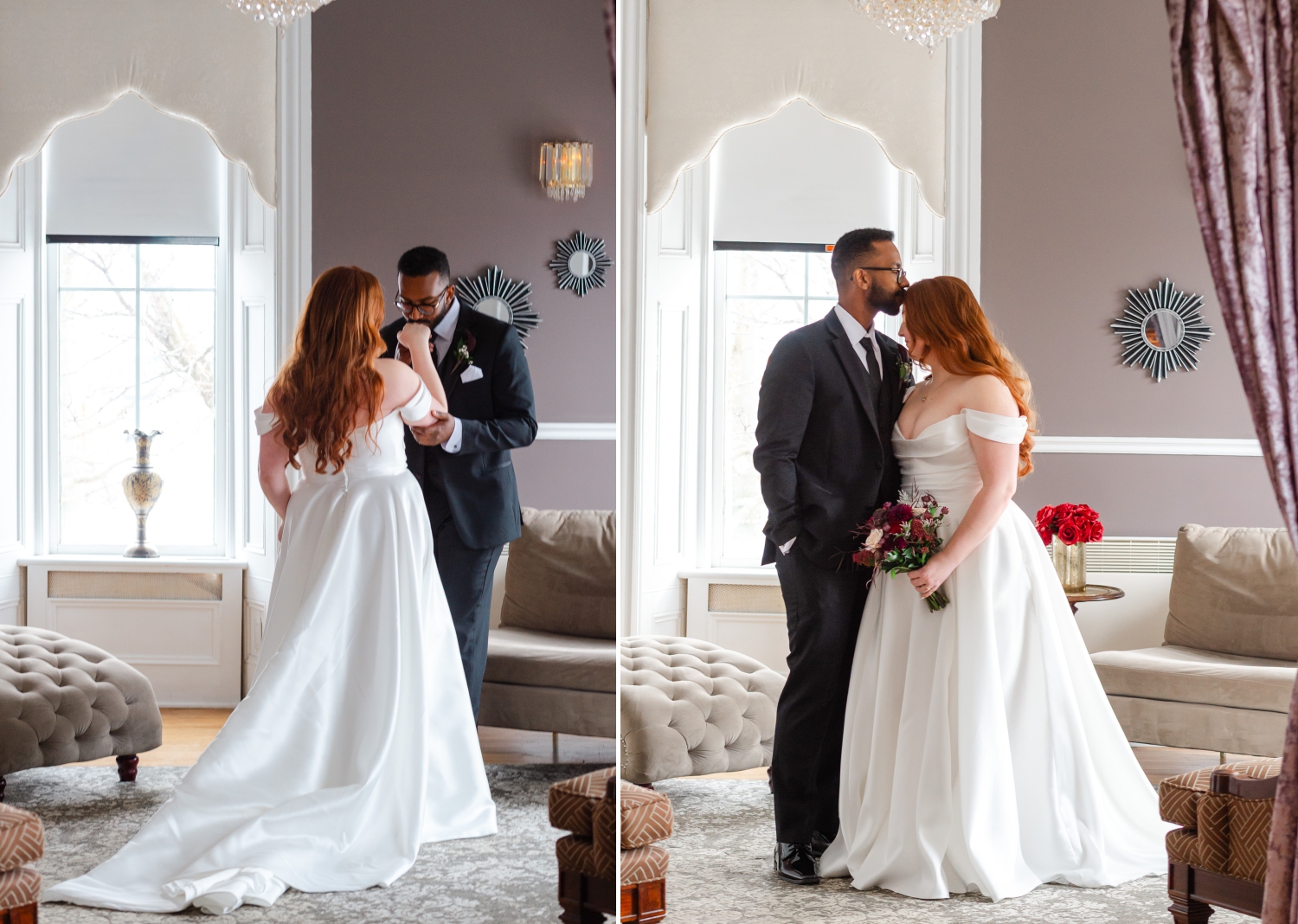 two photos of a groom in a charcoal suit kissing his bride's hand and forehead before they start their Grand Hotel wedding