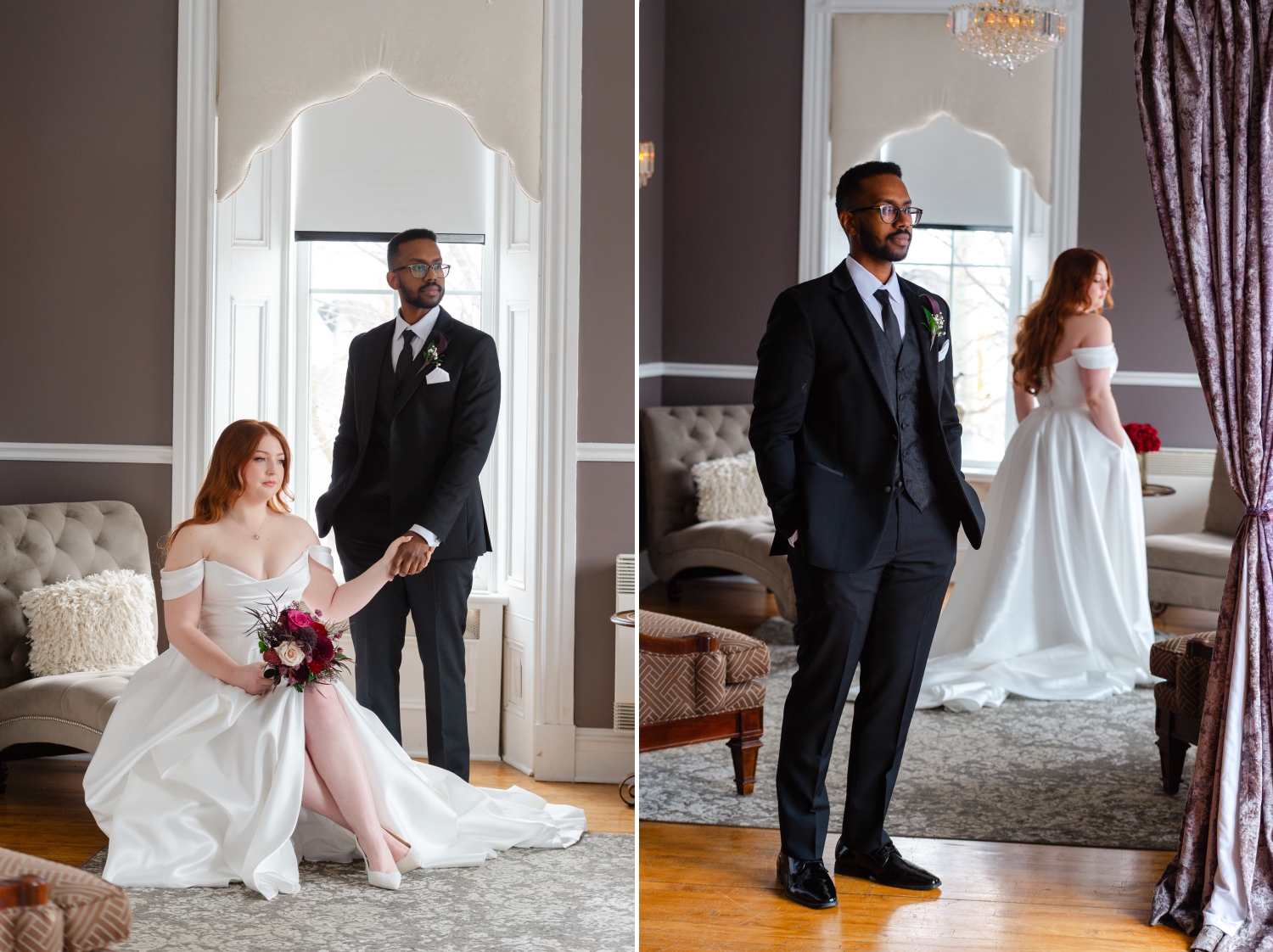 two dramatic, editorial portraits of a bride in an off-the-shoulder gown and red hair and a groom in a charcoal suit. Captured in the Master Bridal Suite of the Grand Hotel Weddings