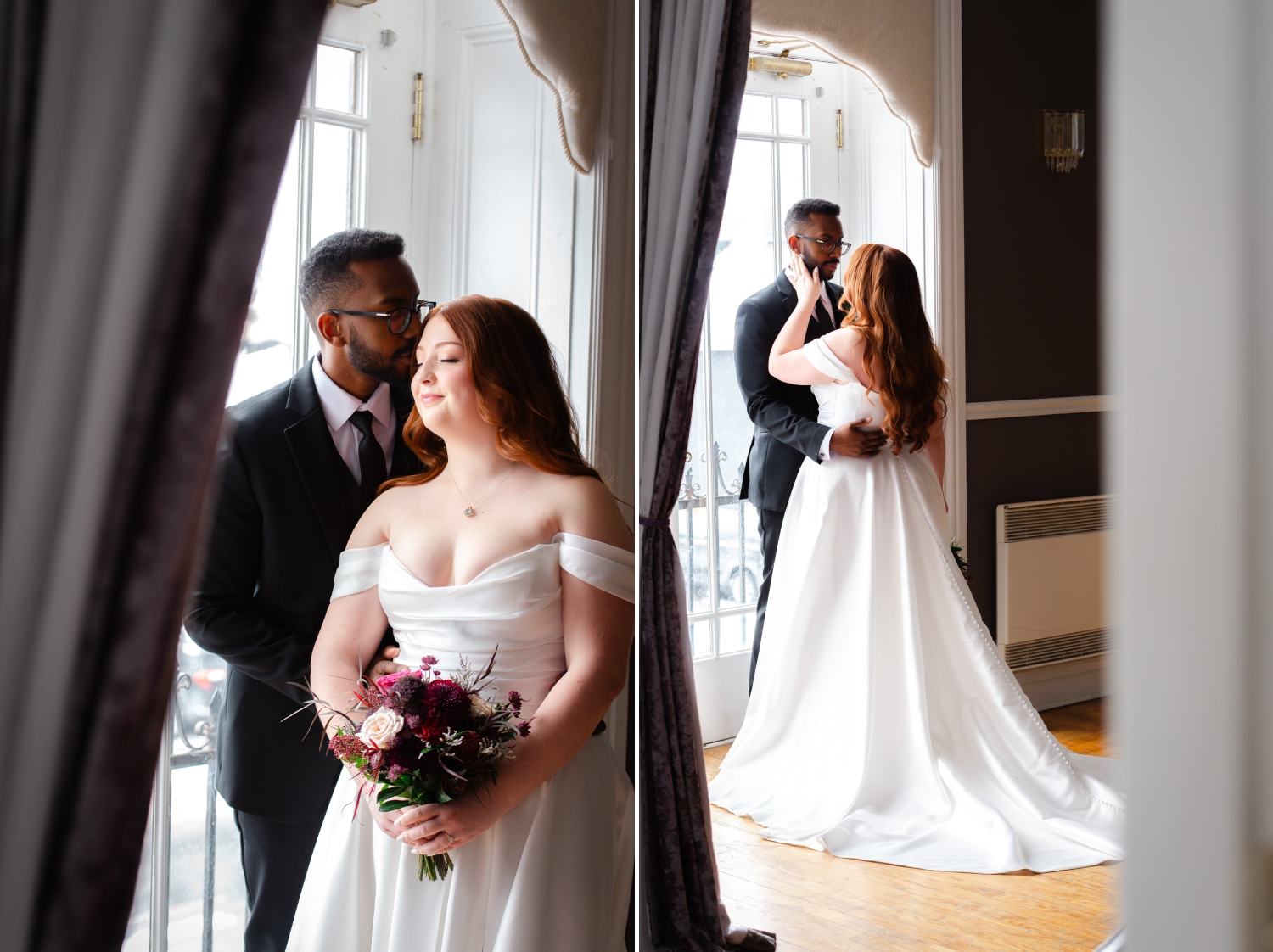 a bride with red hair and an off-the-shoulder gown with her groom in a charcoal suit embracing in the windows of the Master Bridal Suite of the Grand Hotel Weddings