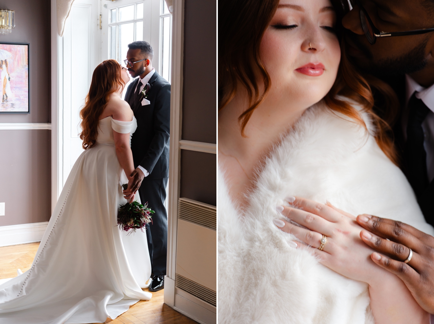 a closeup photo of a groom with a silver wedding band touching the hand of a bride with a gold wedding ring set. Captured by JEMMAN Photography as the couple gets ready for their Grand Hotel Wedding