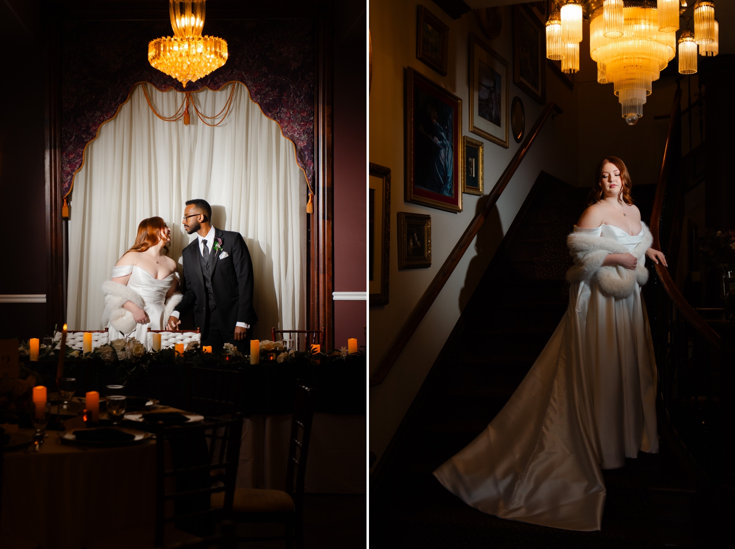 two dramatic spotlight photos of a bride with red hair and off-the-shoulder gown standing on the staircase of the Grand Hotel Weddings and in the Ballroom with her groom in a charcoal suit
