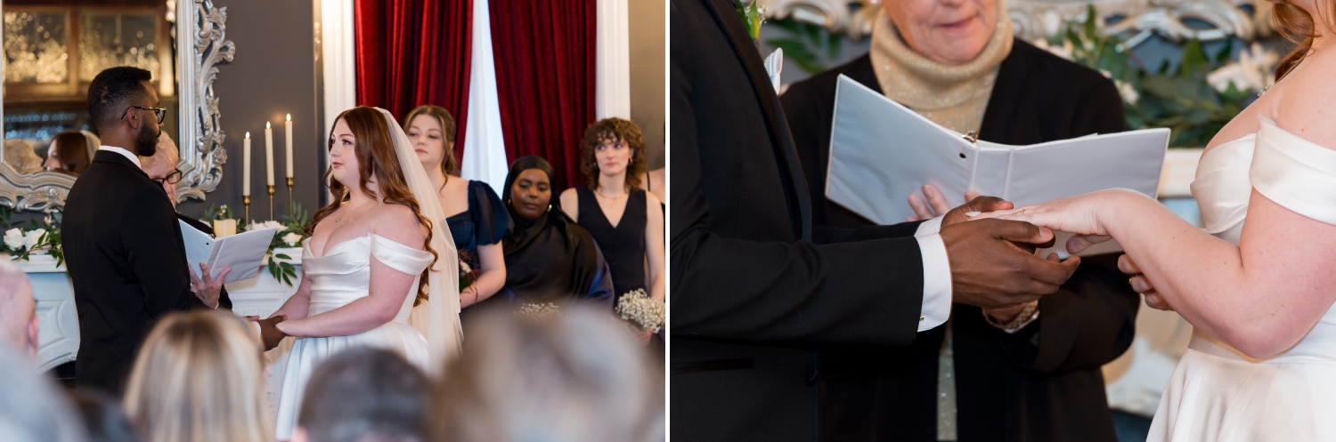 two photos of a bride and groom exchanging vows and wedding rings during their Grand Hotel wedding ceremony. Captured by JEMMAN Photography