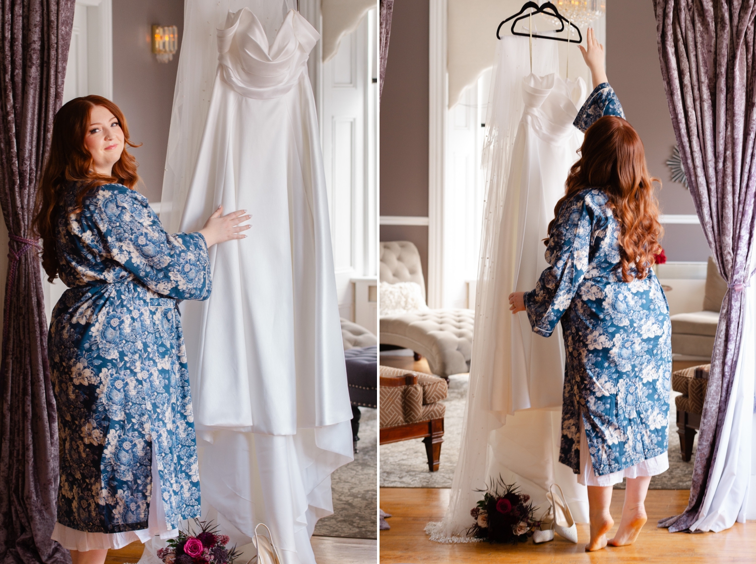a bride with red hair and a blue floral lifts her wedding dress off the hook as she gets ready for her The Grand Hotel wedding. Captured in the Master Bridal Suite by JEMMAN Photography
