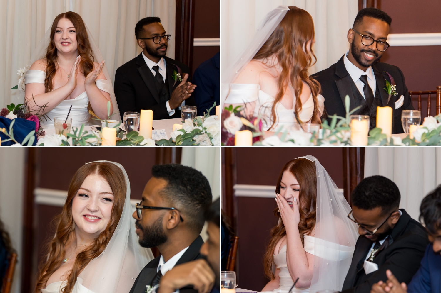 a bride and groom's emotional reactions and smiles as their guests make toasts and speeches during their wedding reception