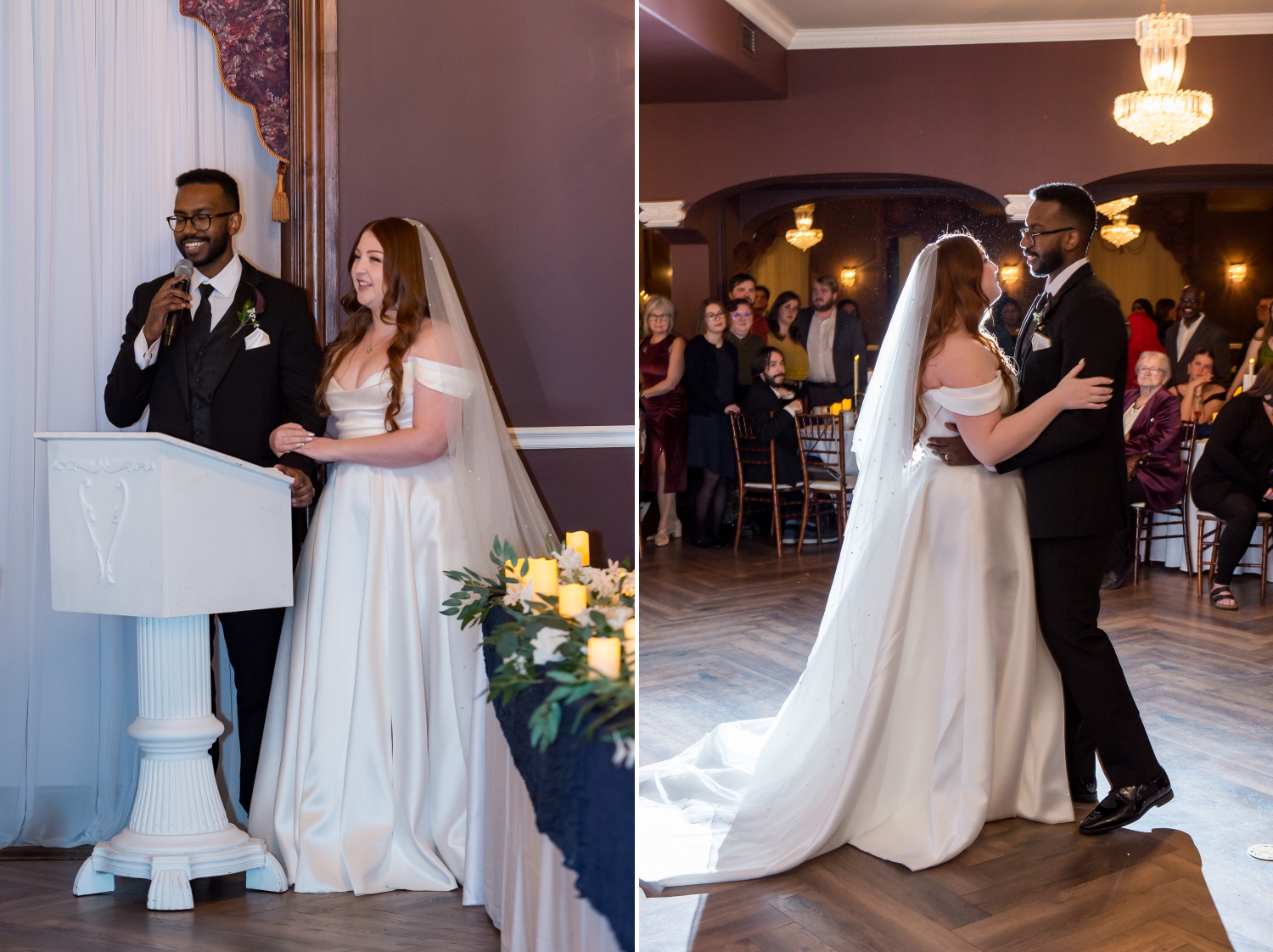 a bride and groom at the podium thanking their guests for attending their Grant Hotel Wedding and then moving into their first dance. Captured by JEMMAN Photography