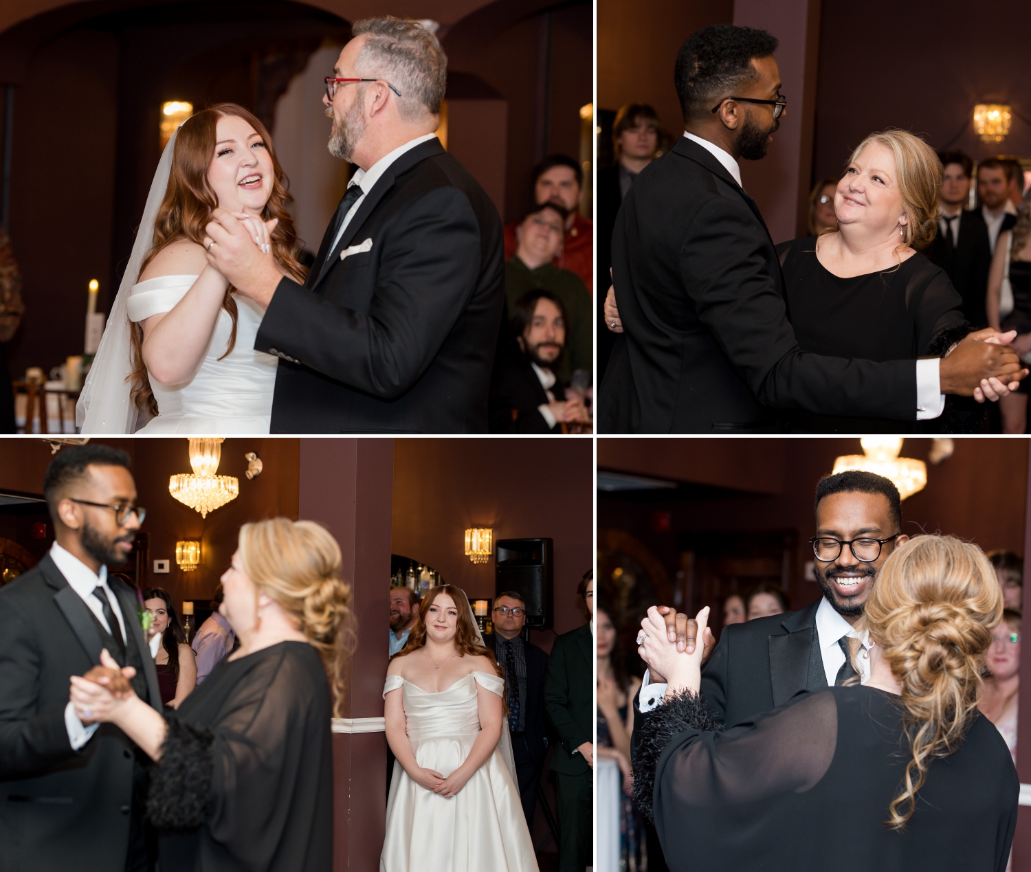 a collage of photos showing a bride dancing with her father and a groom dancing with his mother as his wife looks on. Captured during a Grand Hotel Wedding by JEMMAN Photography