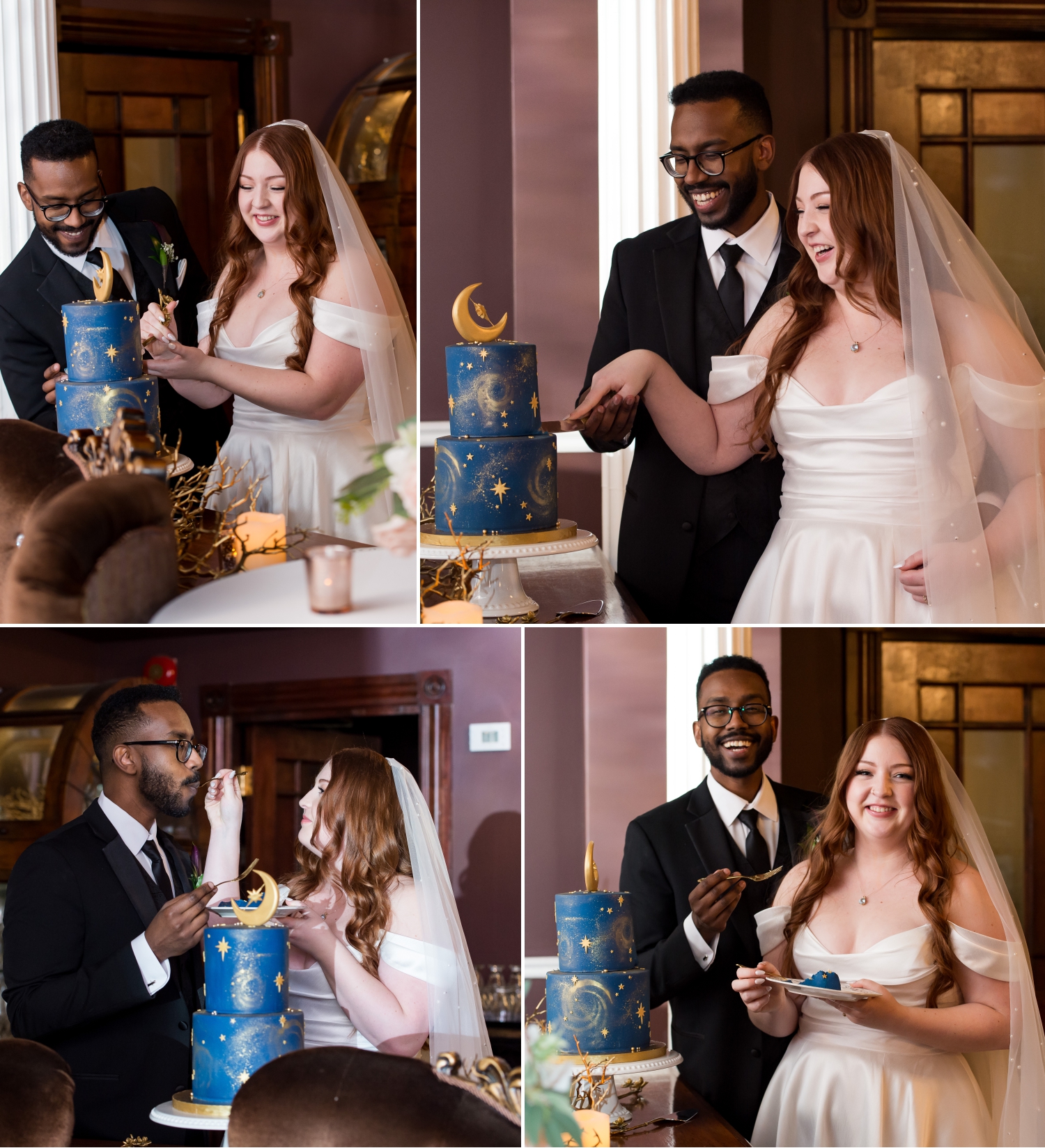 a collage of photos showing a bride in an off-the-shoulder gown and a groom in a charcoal suit cutting a blue moon and stars themed wedding cake during their Grand Hotel wedding. Captured by JEMMAN Photography