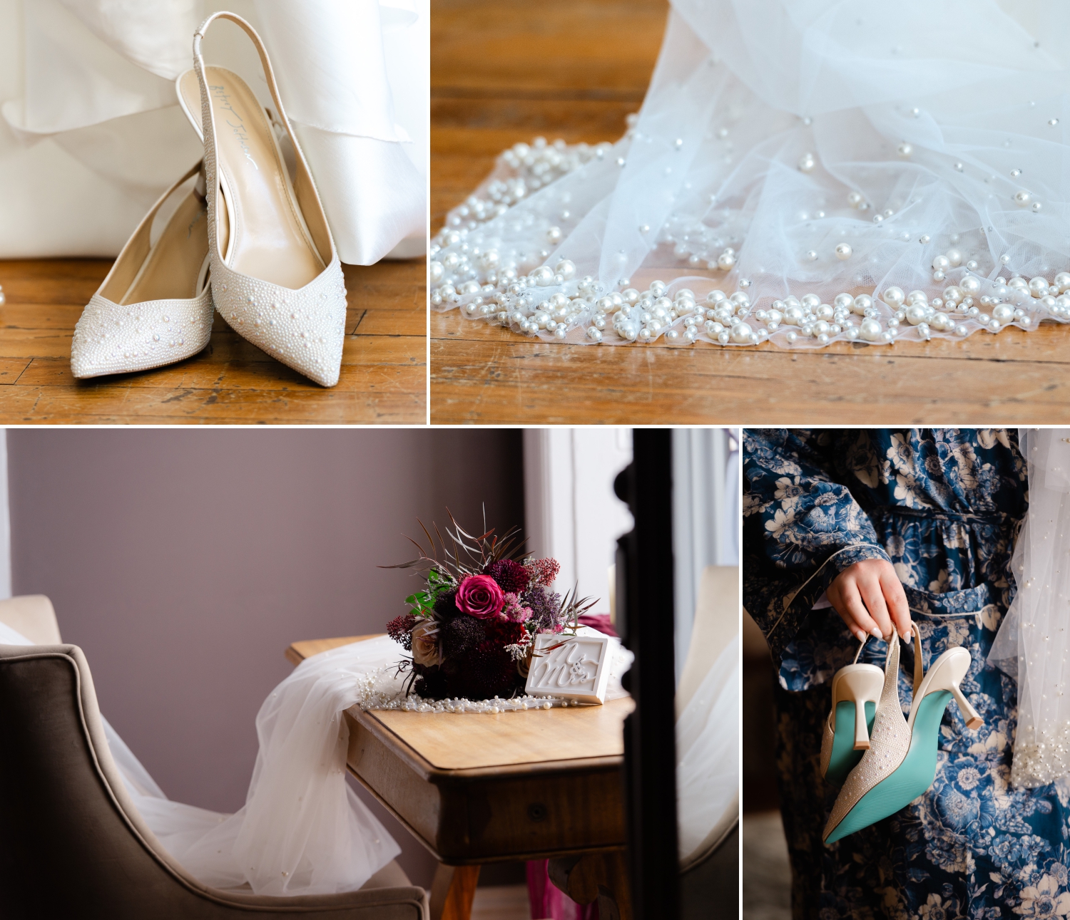a collage of bridal detail photos showing white wedding shoes, a veil with pearls, burgundy bouquet and blue floral gown. Captured by JEMMAN Photography