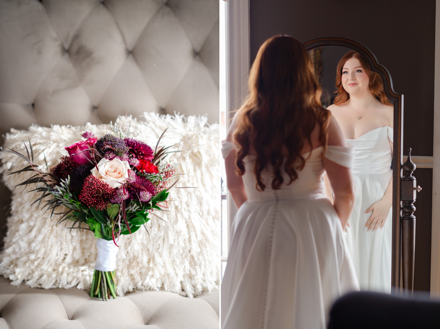 a photo of a burgundy wedding bouquet alongside a photo of a bride with red hair looking at herself in the mirror of the Master Bridal Suite of The Grand Hotel Weddings
