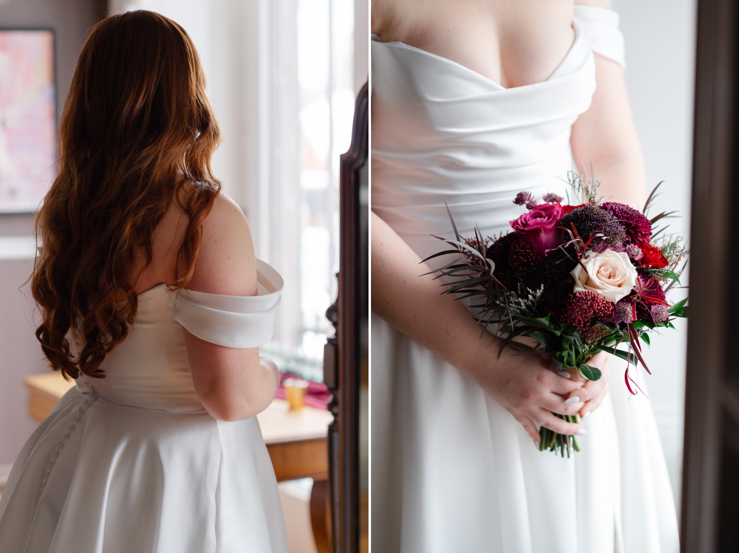 a photo showing the back of a bride's dress and her red hair alongside a photo of the front of the bride's dress and burgundy bouquet as the bride prepares for her The Grand Wedding. Captured in the Master Bridal Suite by JEMMAN Photography