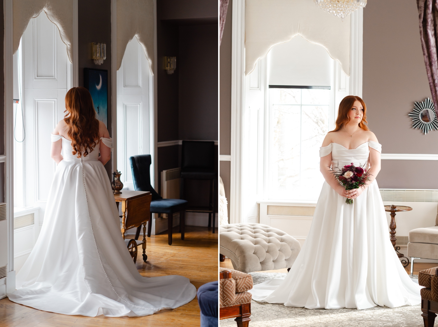 two photos alongside each other showing the front and back of a bride's off-the-shoulder wedding dress, burgundy bouquet and red hair. Captured in the Master Bridal Suite of the Grand Hotel Weddings