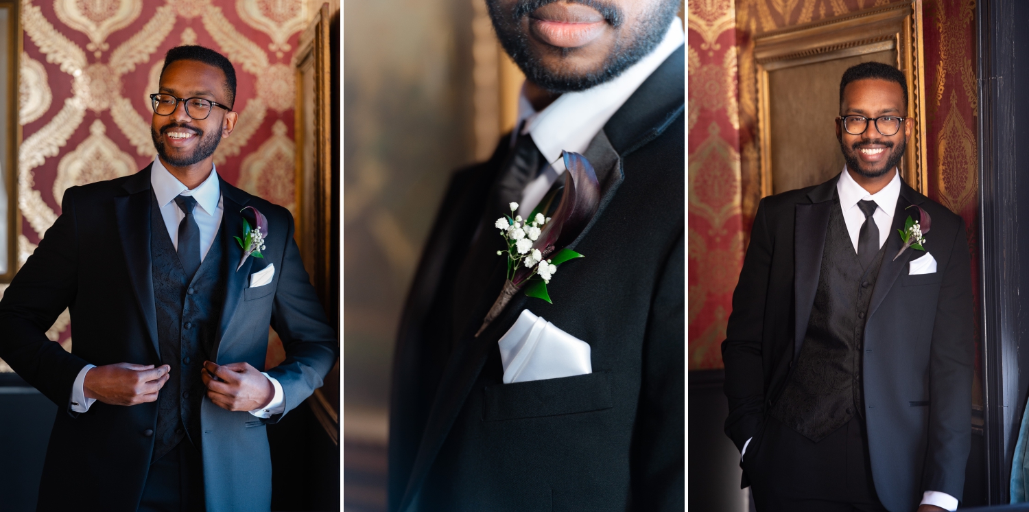 a trio of photos of a groom in a charcoal suit getting ready in the Upper Pub for his The Grand Hotel Wedding. Captured by JEMMAN Photography