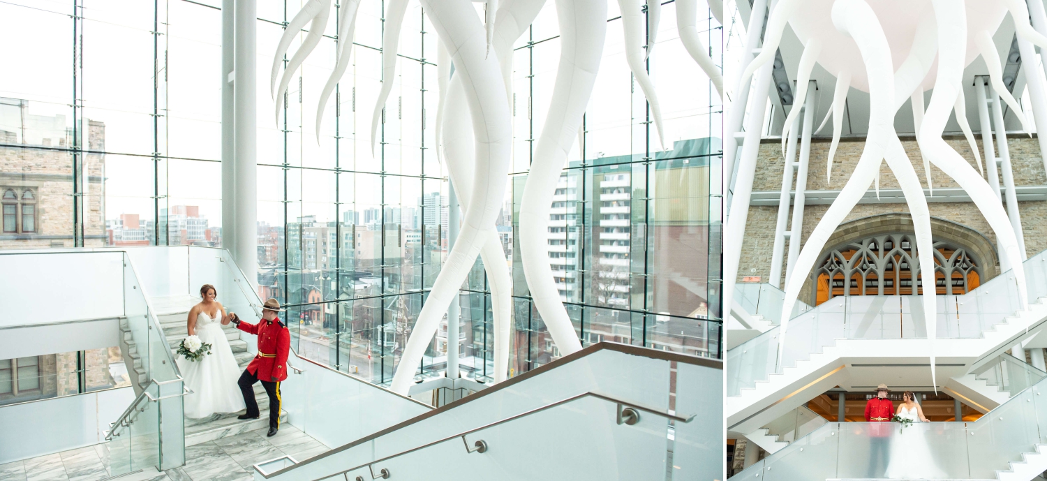 a photo of a bride in a white dress and a groom in the RCMP red serge on the stairs of the Queen's Lantern in the Museum of Nature, one of Ottawa's downtown wedding venues