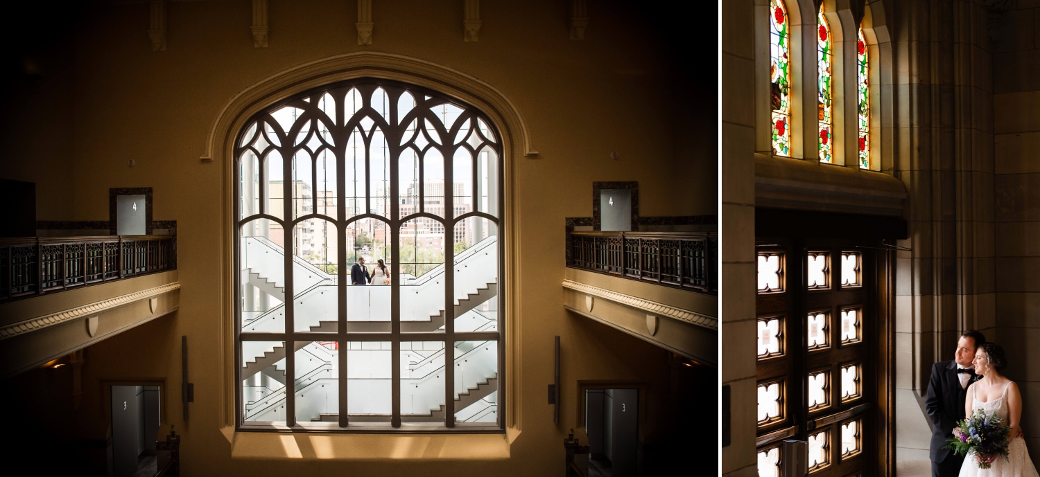 a collage of two photos showing a bride and groom in the stained glass windows and arches of the Museum of Nature, one of downtown Ottawa's wedding venues. Captured by JEMMAN Photography
