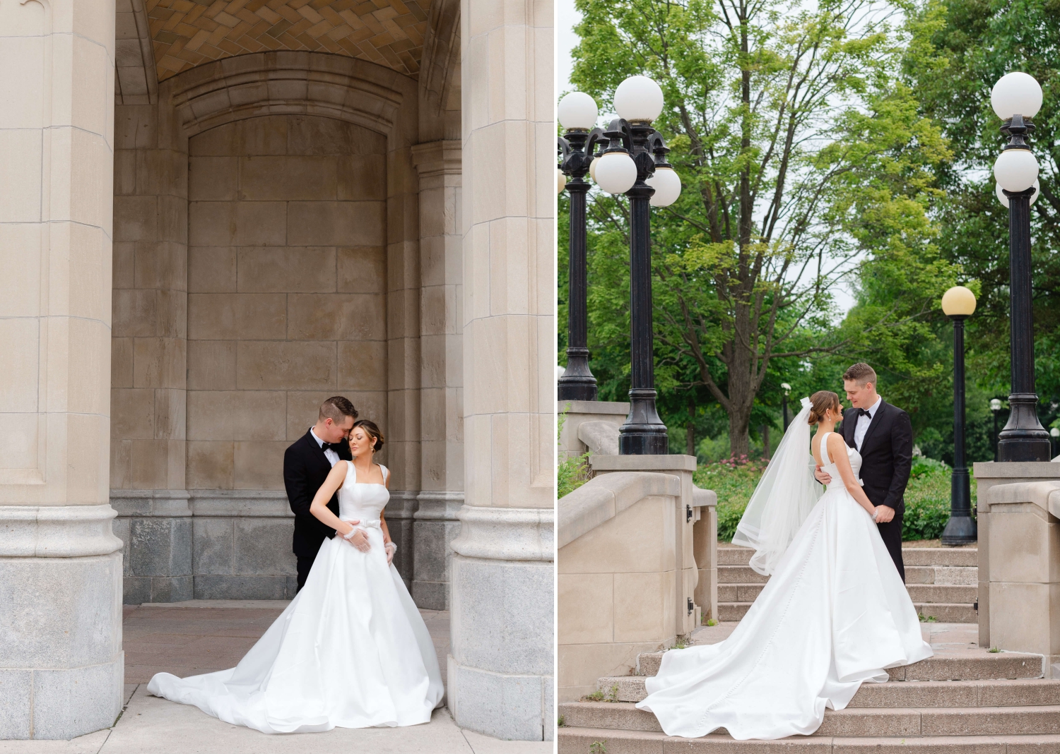 two photos of a bride in a white ballgown and a groom in a tuxedo on the grounds of the Chateau Laurier. Captured outdoors by JEMMAN Photography