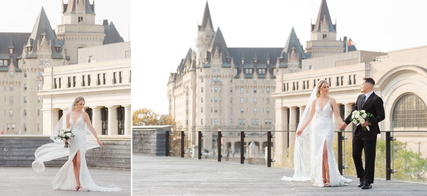 two photos of a bride and groom on the terrace of the NAC with the Chateau Laurier in the background. Captured by JEMMAN Photography to highlight some of Ottawa's downtown wedding venues