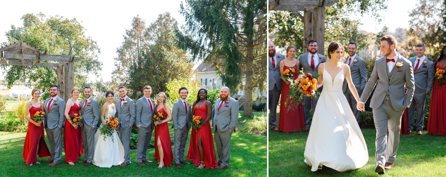 two photos of a bride and groom with their wedding party in red dresses and grey suits in the gardens of the Ottawa outdoor wedding venue, Strathmere Estates. Captured by JEMMAN Photography