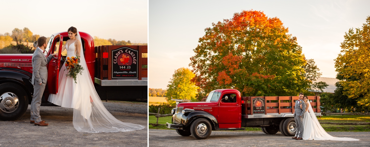 two photos of a bride and groom standing in front of a red apple truck with fall trees behind them. Captured on the grounds of the Ottawa outdoor wedding venue, Strathmere Estates by JEMMAN Photography