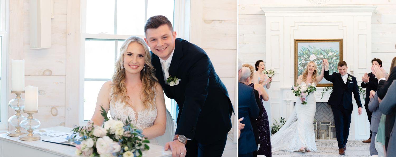 two photos of a bride and groom signing the wedding register and celebrating in the Ceremony House of Stonefields Estate wedding venue. Captured by Ottawa wedding photographer JEMMAN Photography